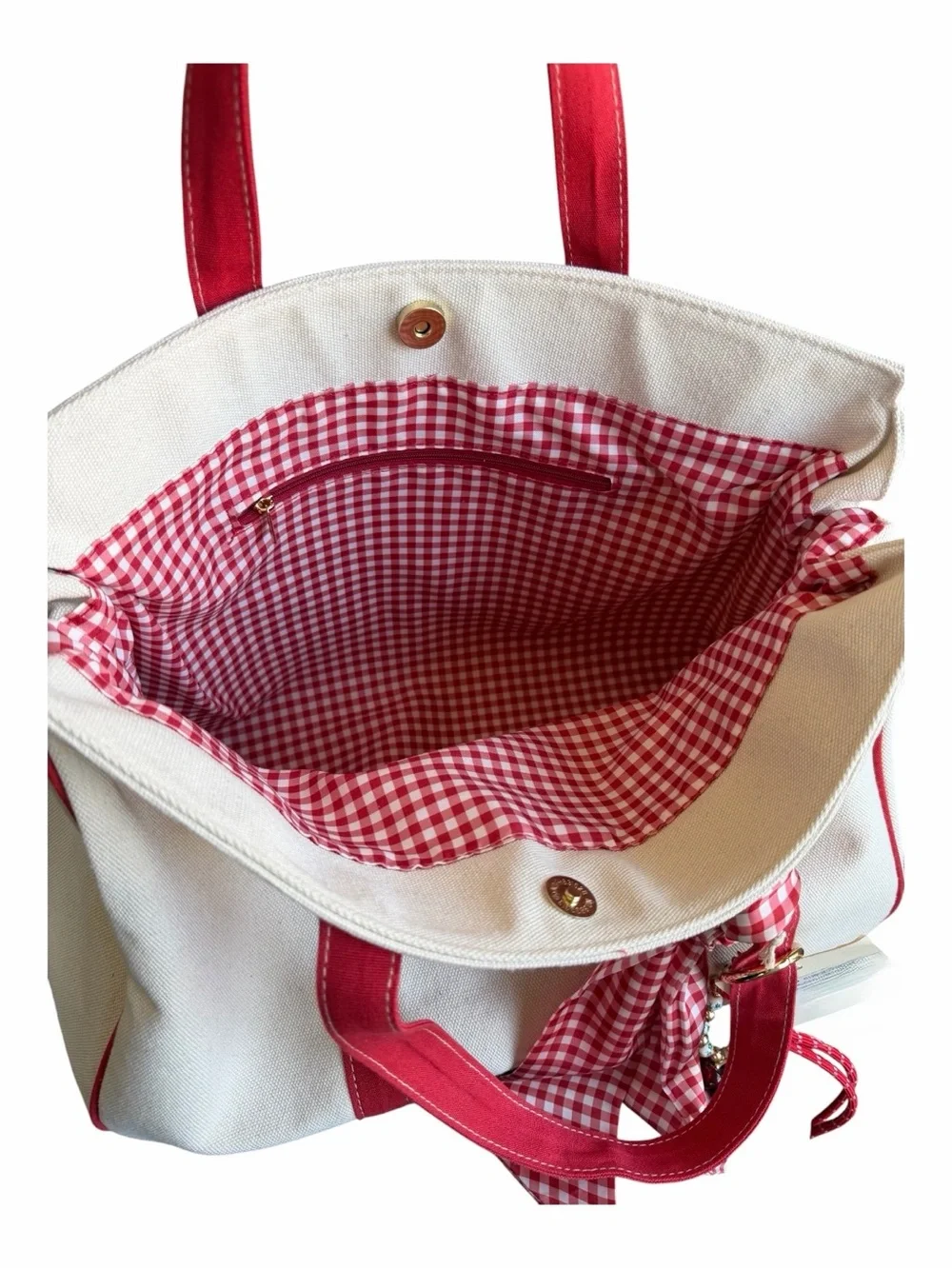 VIRAL Sol & Mer Red Canvas Tote with Scarf and Fruit Charms Vacation Style Bag - Picture 10 of 11